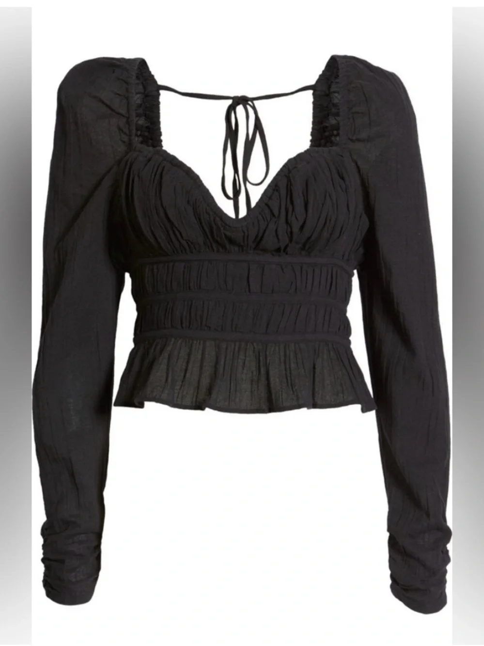 Free People Black Smocked Peasant Blouse with Tie-Back